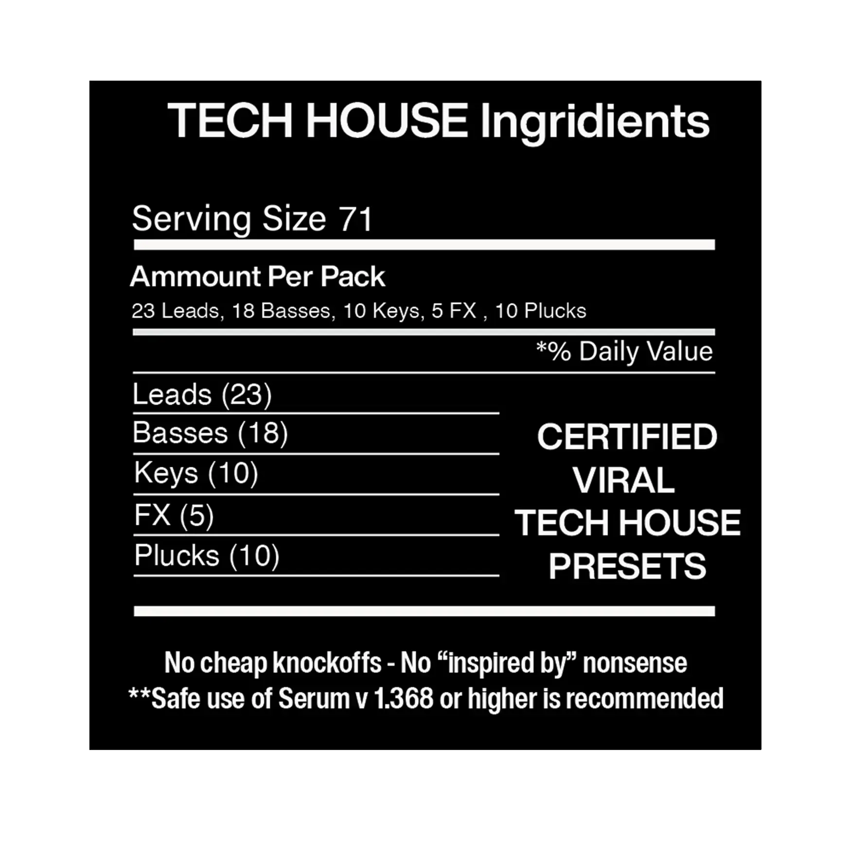 Serum 1.363+ / 2 ready Tech House presets – product contents